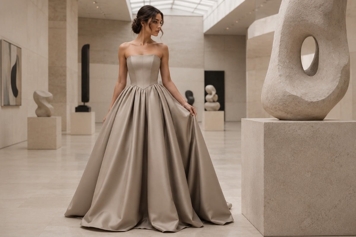 Mushroom Beige Strapless Ball Gown Editorial