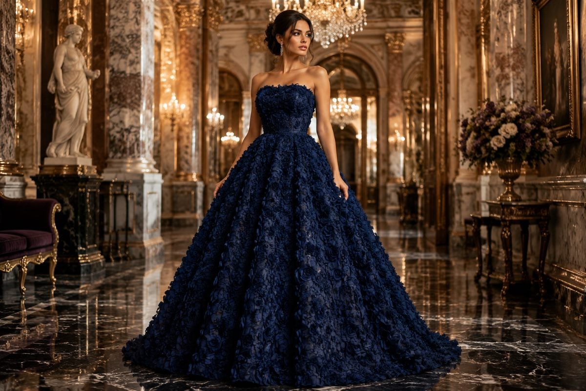 Navy floral textured ball gown editorial look