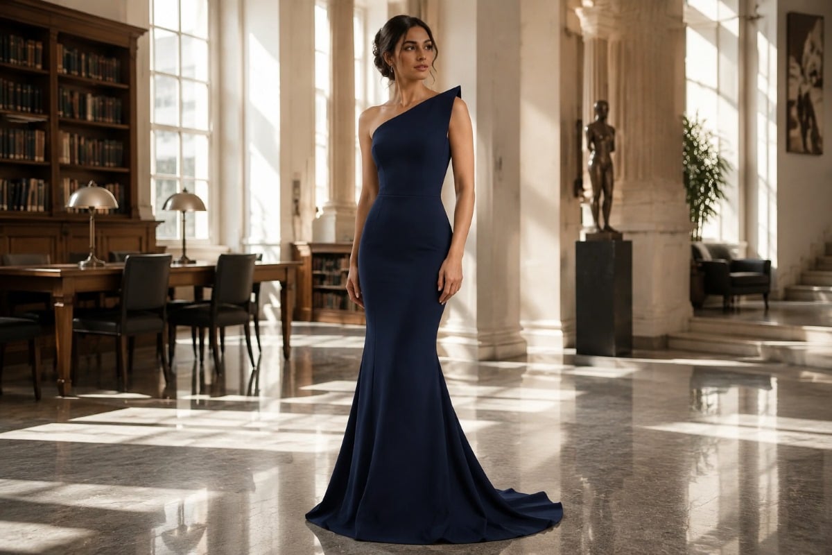 Navy asymmetric formal gown editorial style