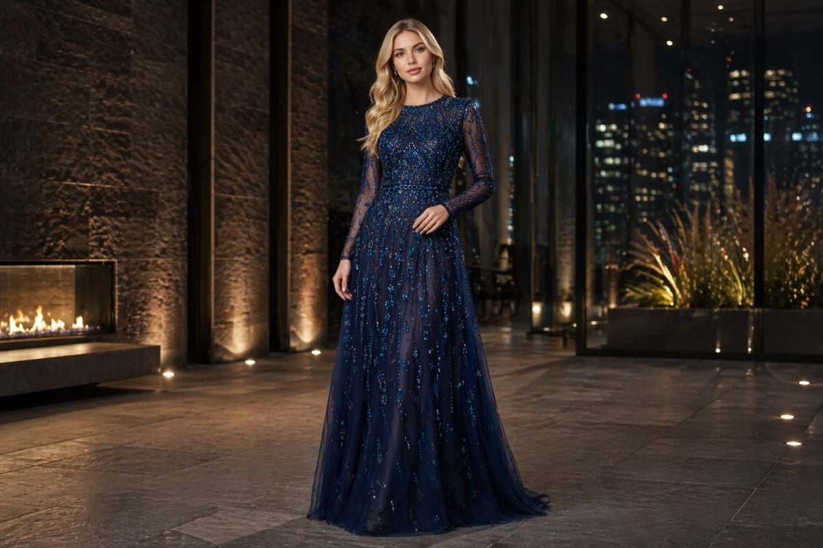 Navy beaded evening gown with long sheer sleeves