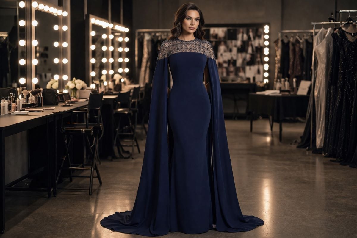 Navy evening gown with beaded illusion neckline and cape sleeves
