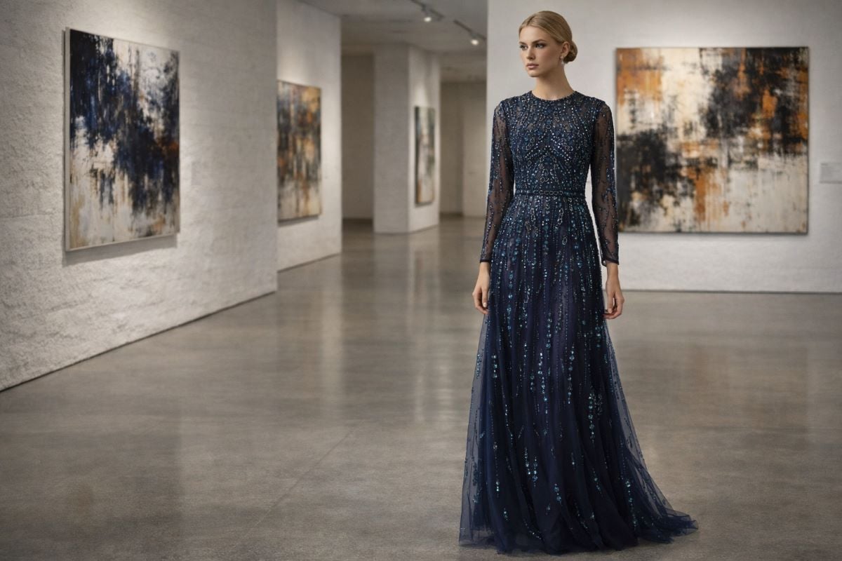 Navy beaded long sleeve evening gown with sheer overlay