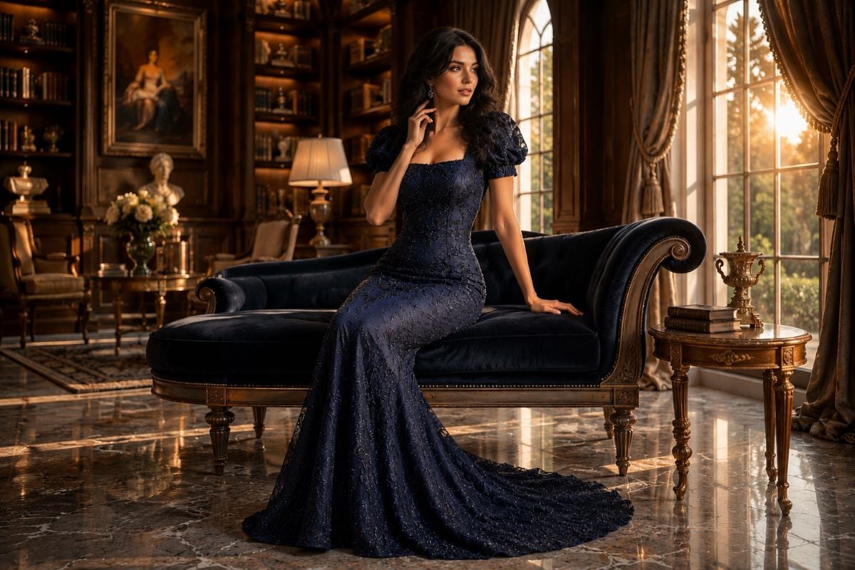 Navy blue couture mermaid evening gown