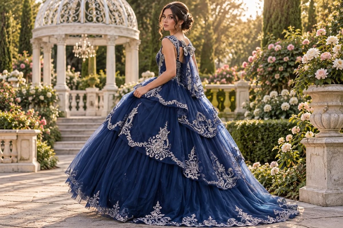 Navy blue quinceanera gown garden portrait