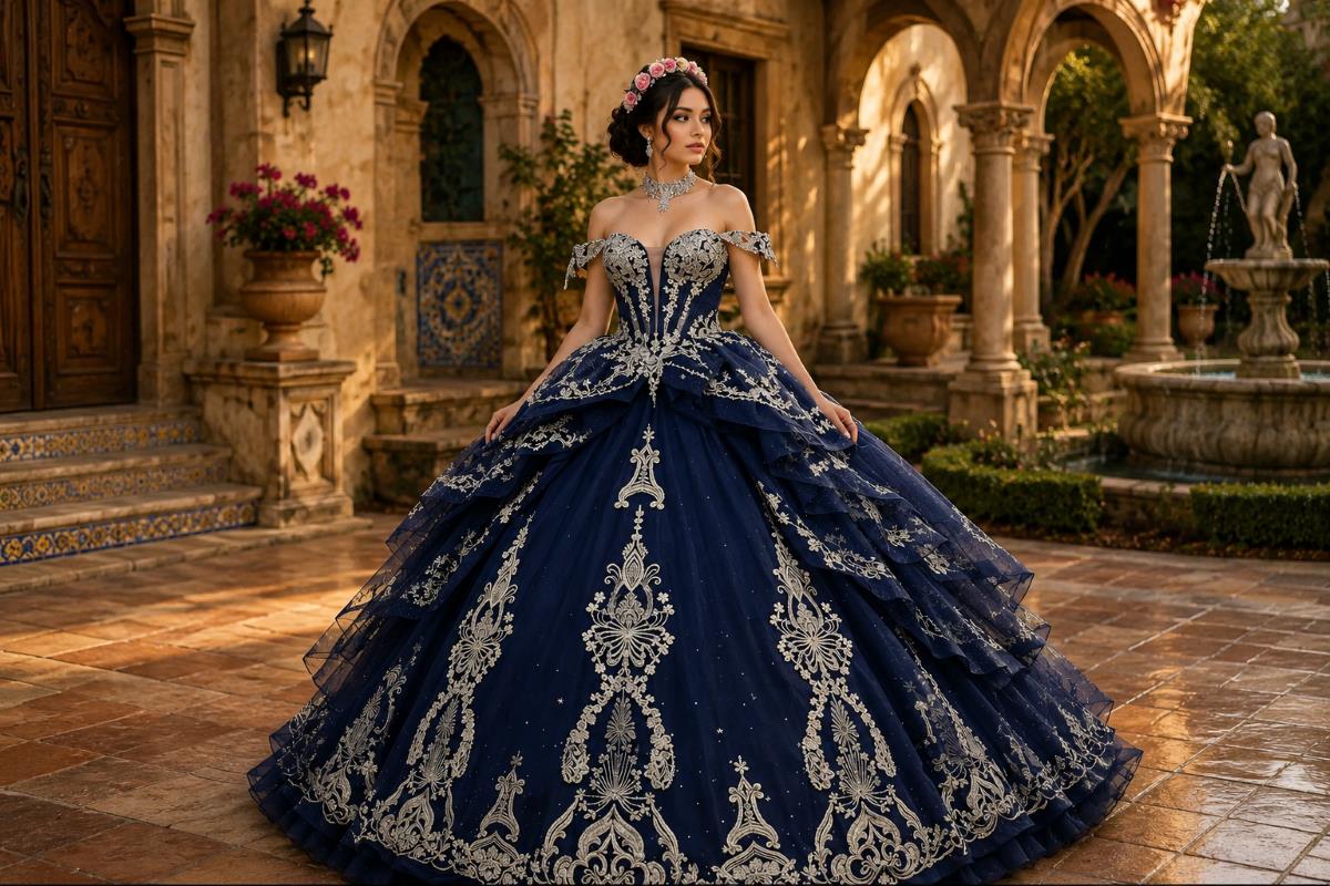 Navy blue Quinceañera ball gown with silver embroidery in royal courtyard