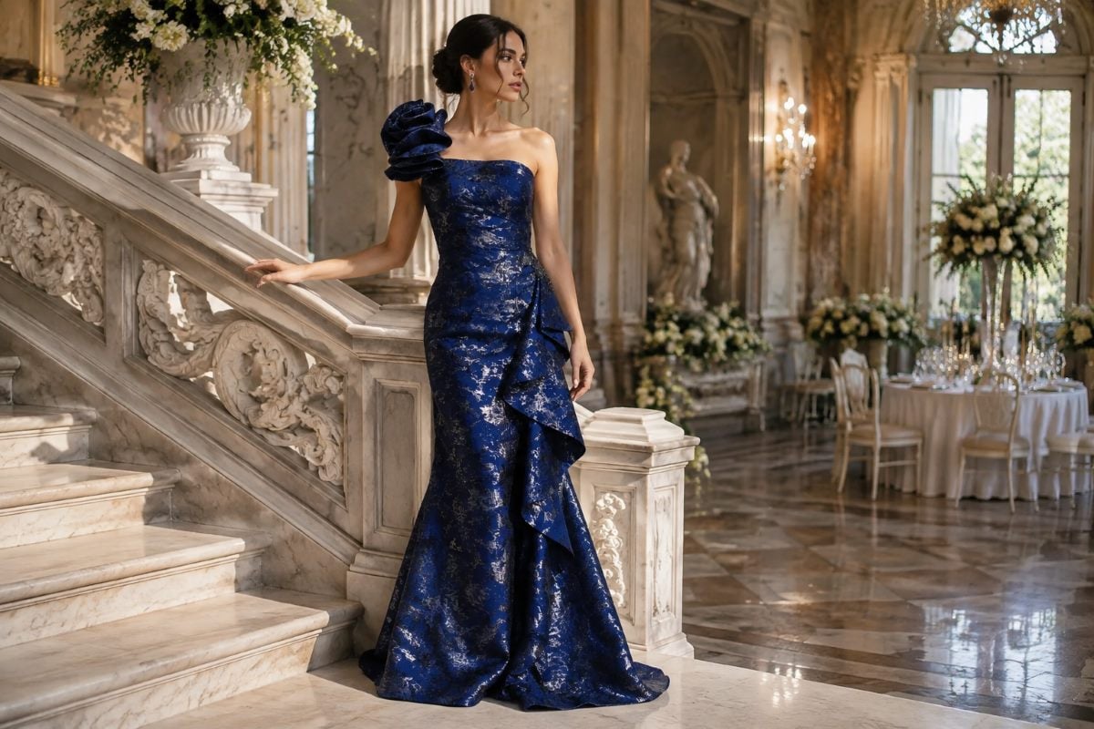 Navy blue sculptural wedding guest gown