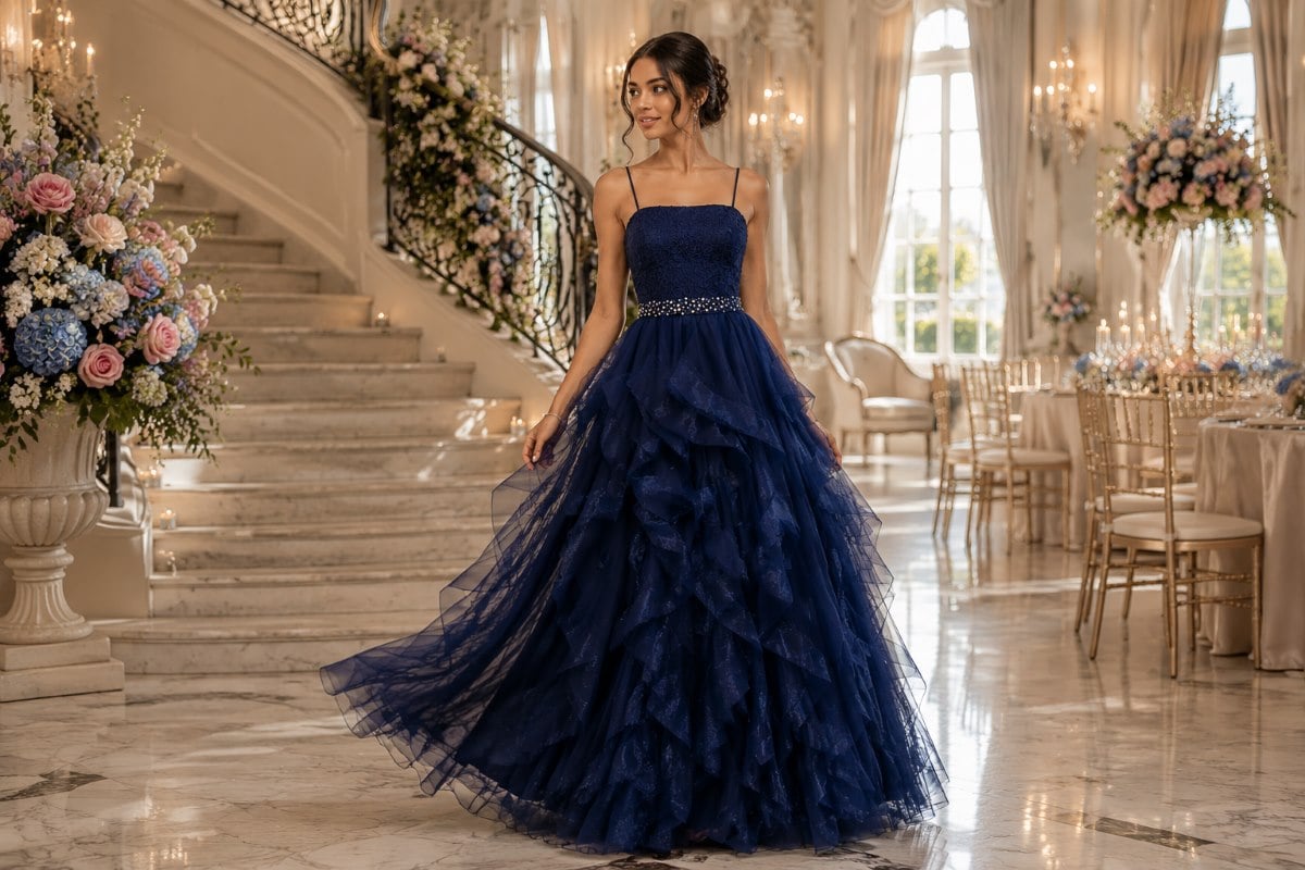 Navy blue Sweet 16 layered ball gown