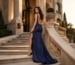 Navy blue thigh-high slit evening gown