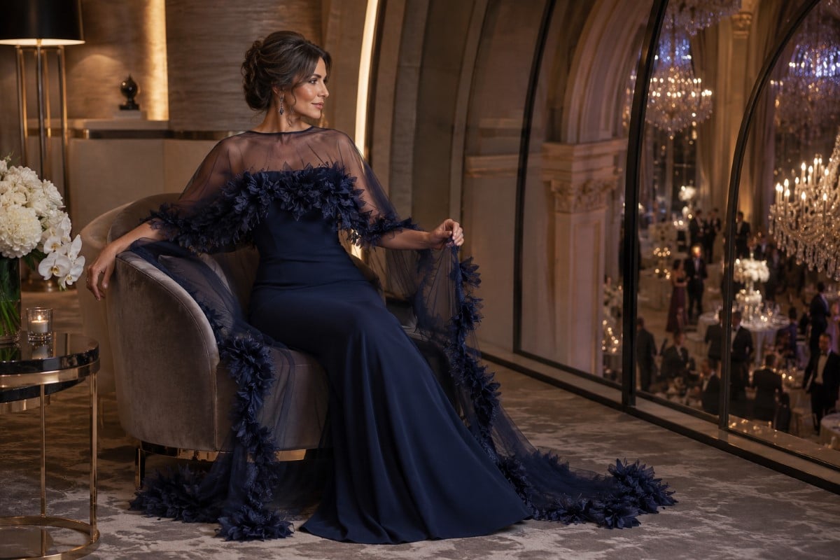 Navy cape mother of groom gown