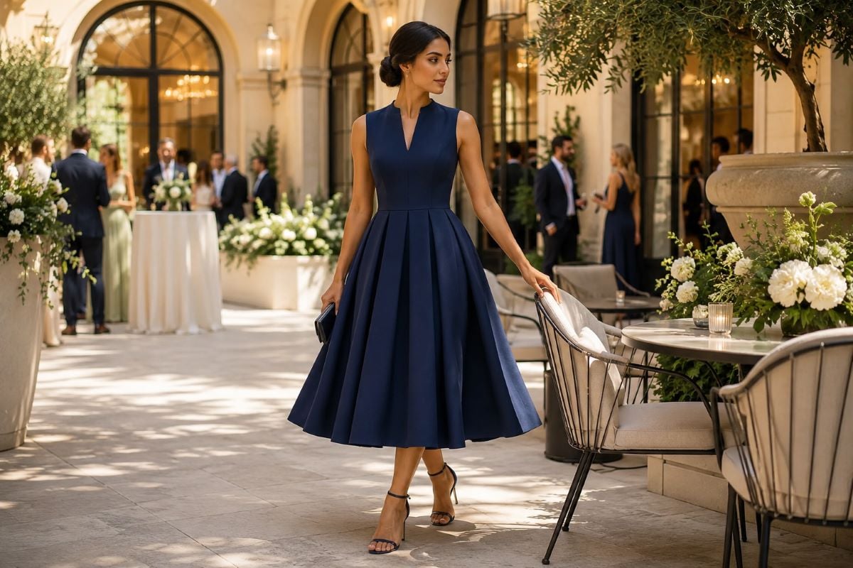 Navy contemporary cocktail wedding guest midi dress
