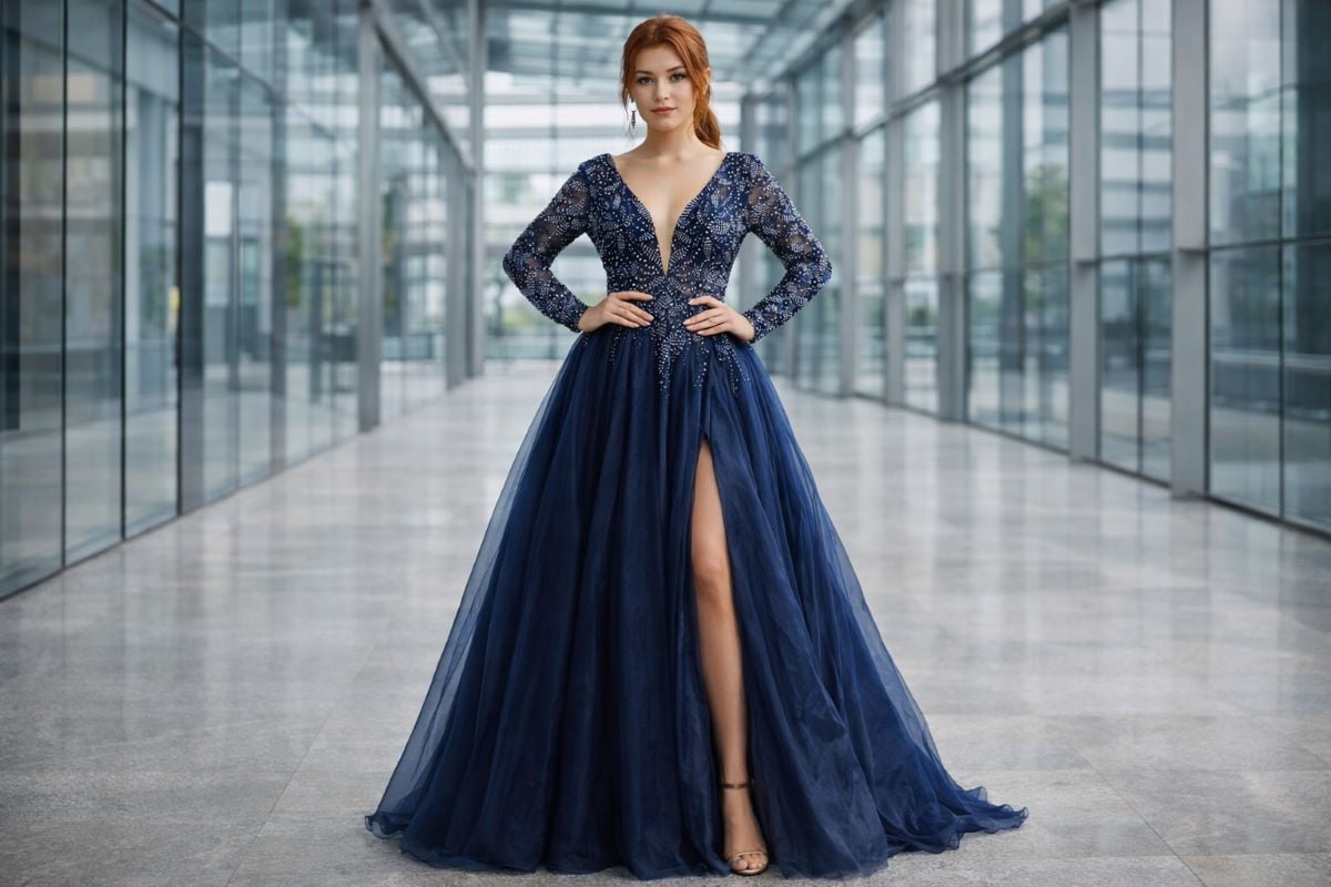 Navy crystal embellished gown with voluminous skirt
