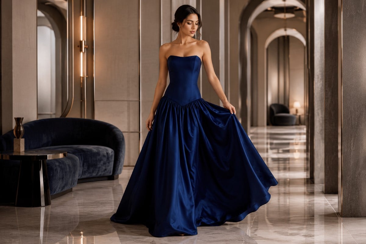 Navy satin drop waist evening gown editorial