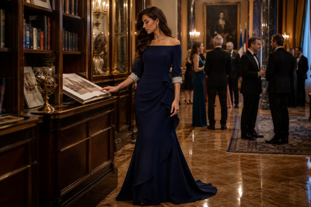 Navy diplomatic gown in embassy salon