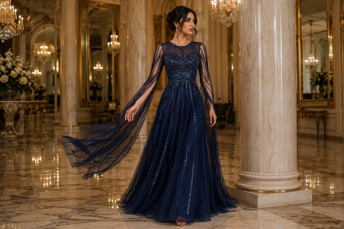 Navy embellished fit and flare gown