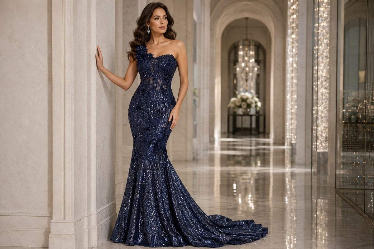Navy embellished mother of the bride gown with one shoulder neckline