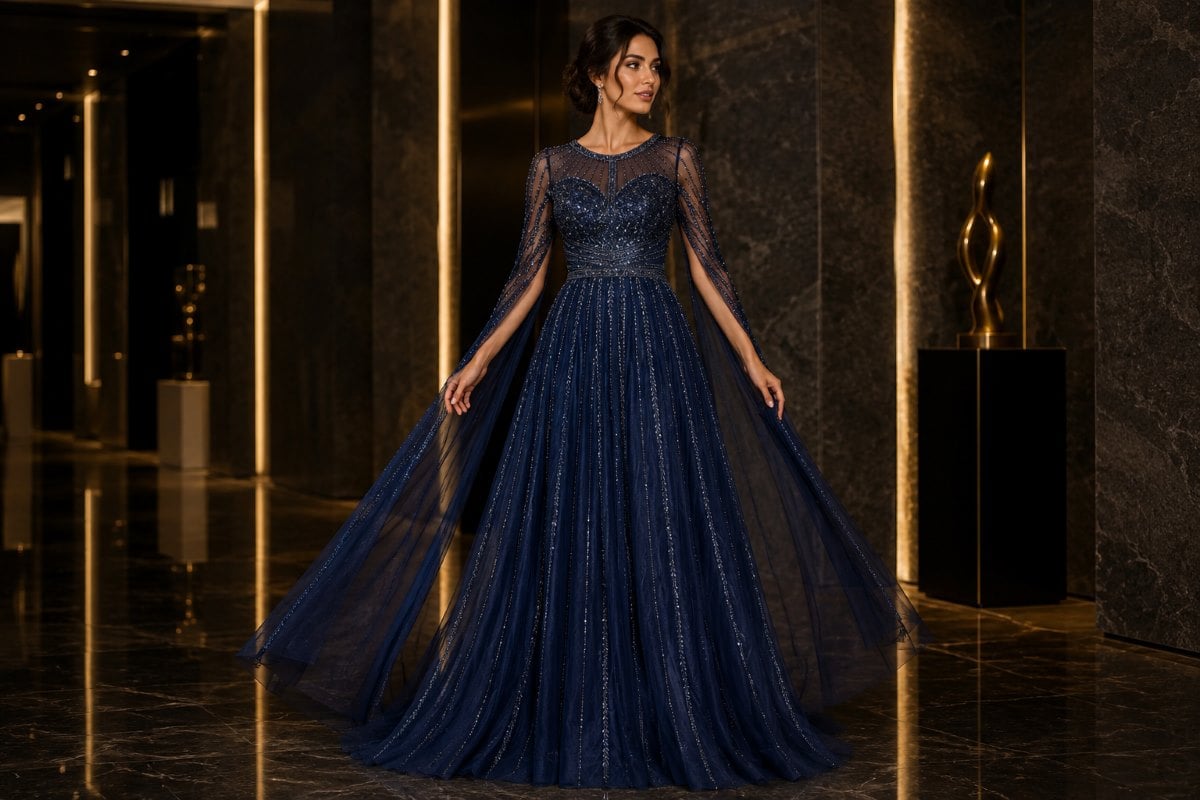 Navy illusion sleeve formal mother of the bride dress