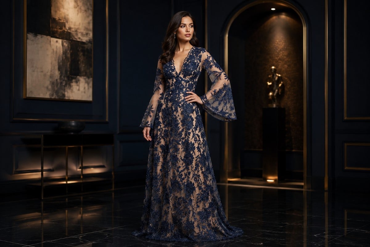 Navy embroidered evening gown with illusion lace and bell sleeves