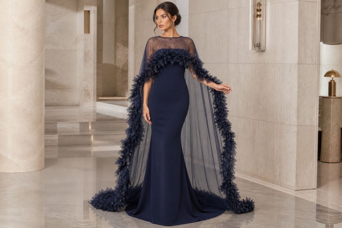 navy evening gown with sheer cape and floral appliqué in luxury interior