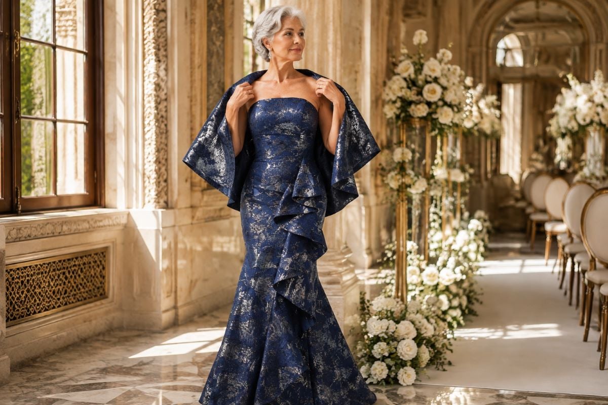 Elegant navy grandmother wedding gown style
