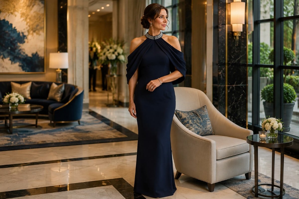 Navy halter mother rehearsal dinner gown