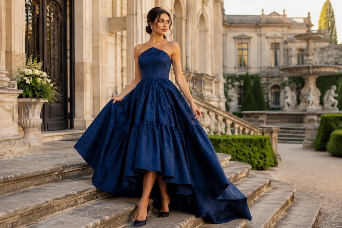 Navy strapless structured evening gown editorial
