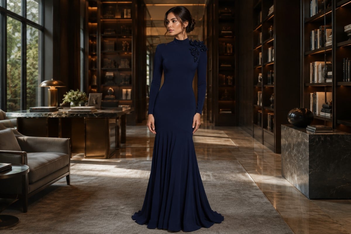 navy high neck long sleeve evening gown