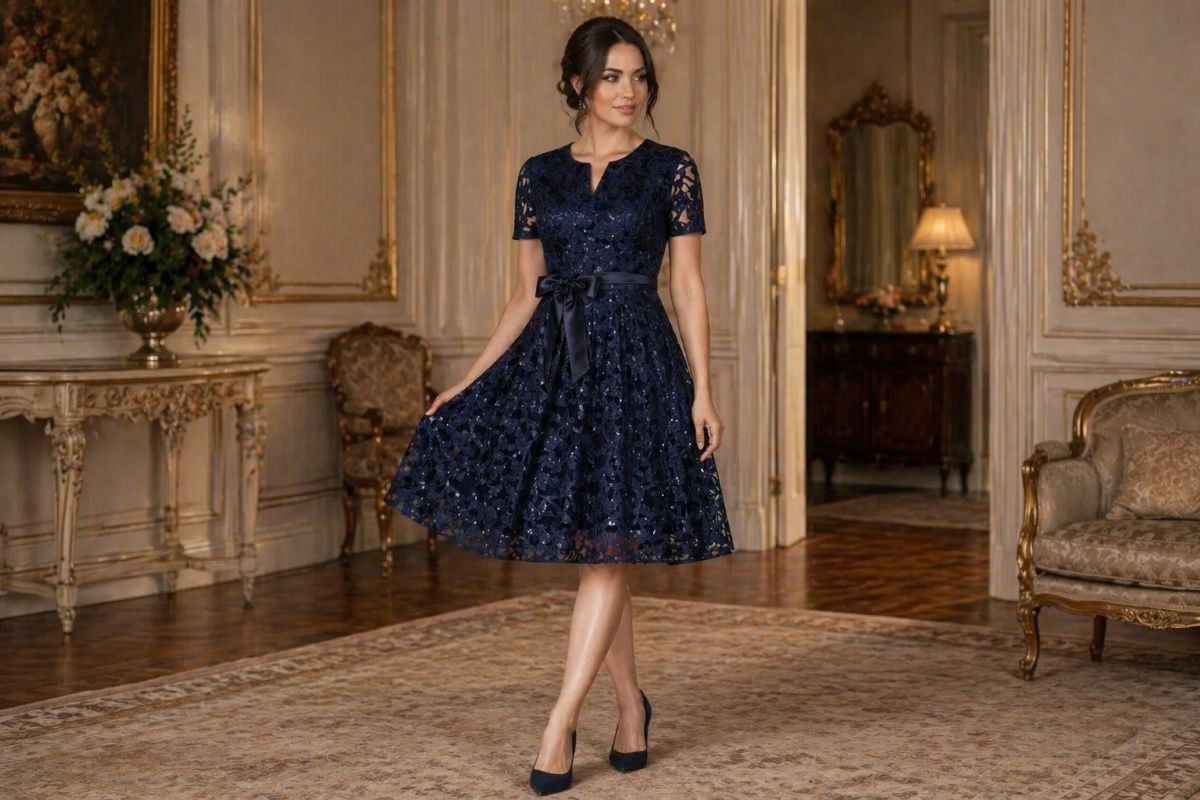 Navy blue lace knee-length dress with high neckline and satin bow belt
