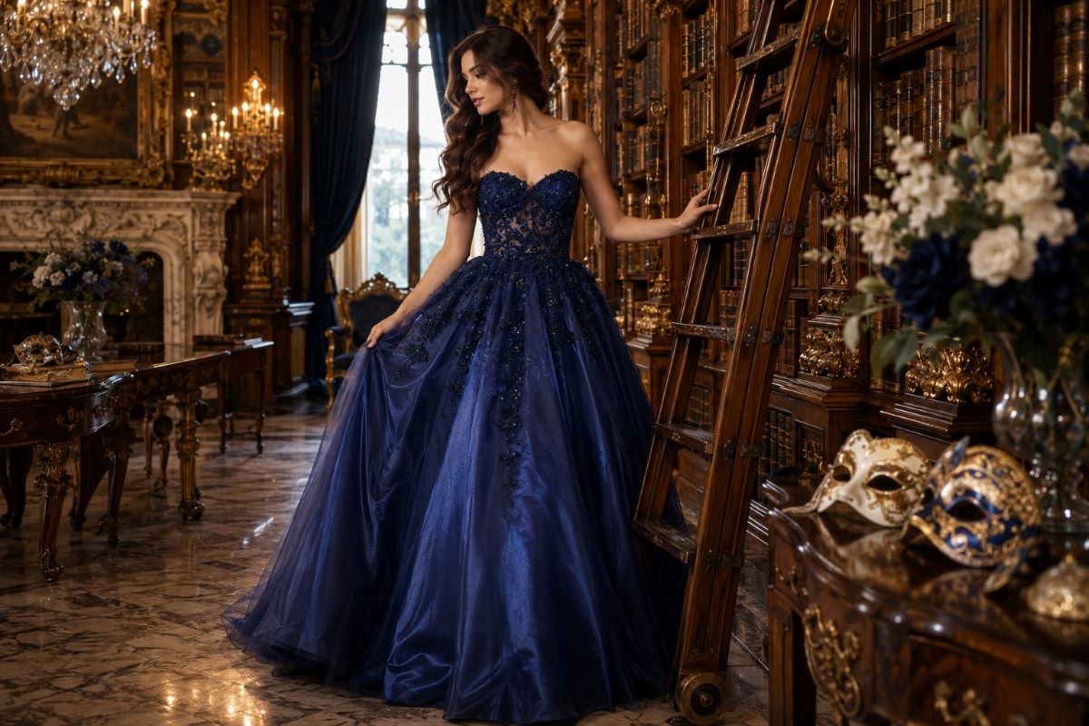 Navy lace masquerade Sweet 16 ball gown
