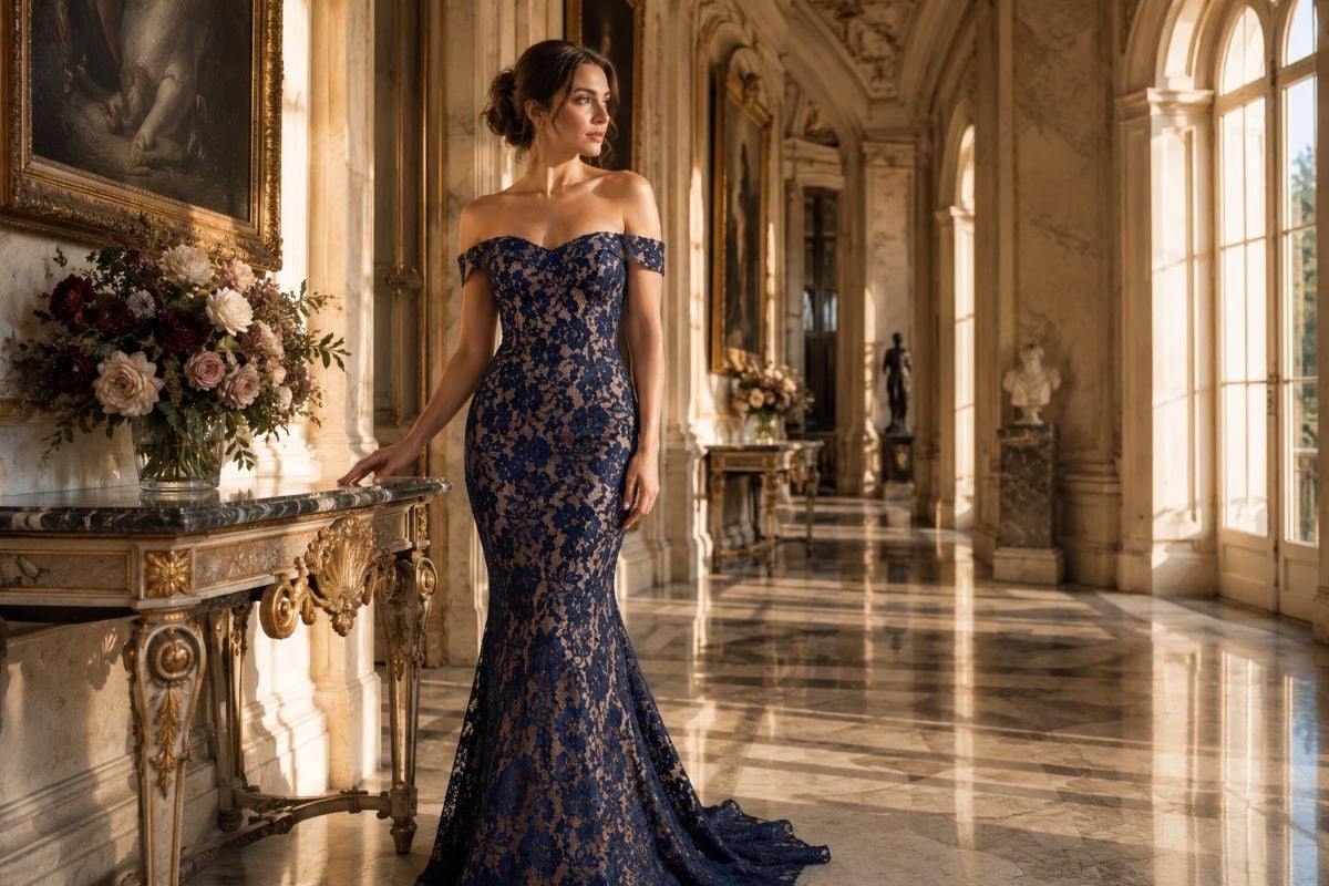 Navy lace mother of the bride dress