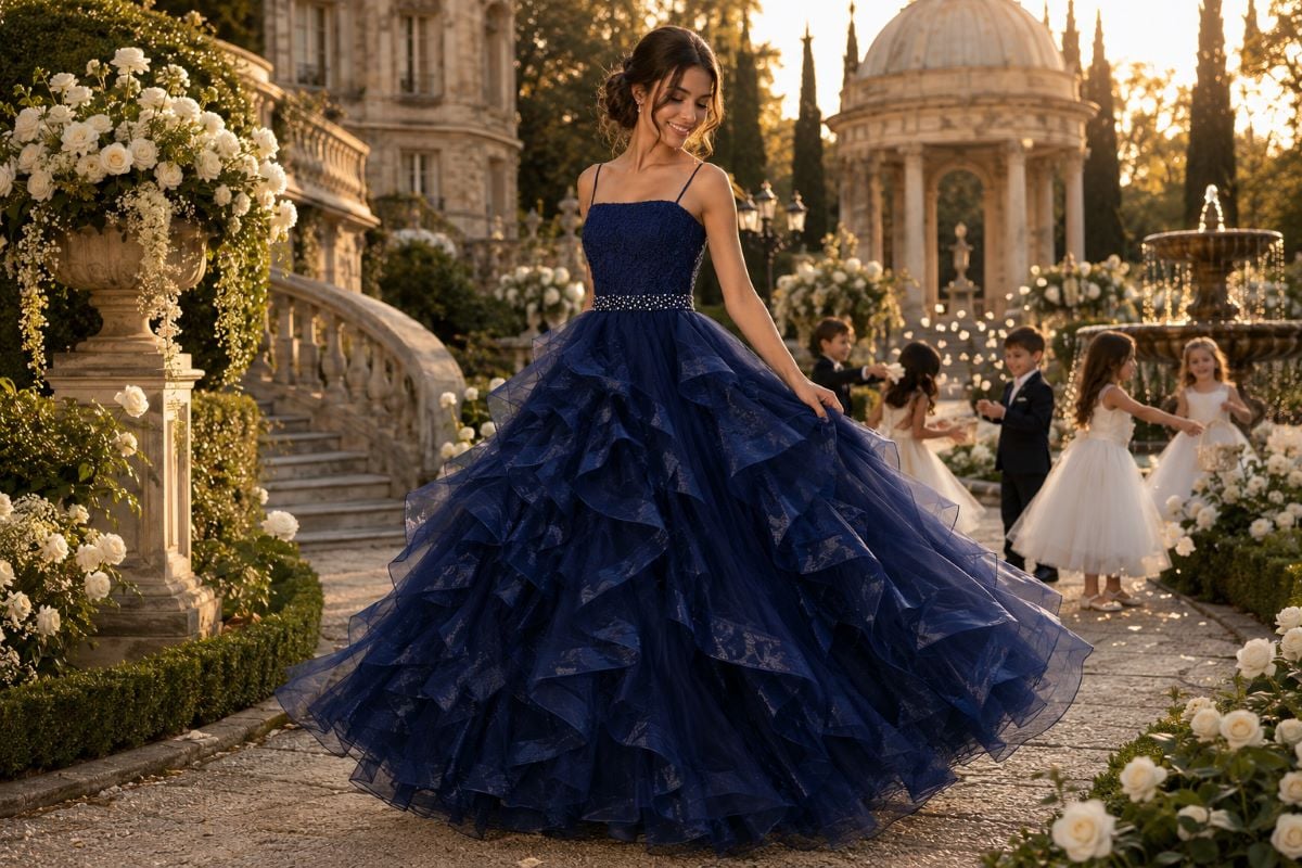 Navy layered ball gown editorial look