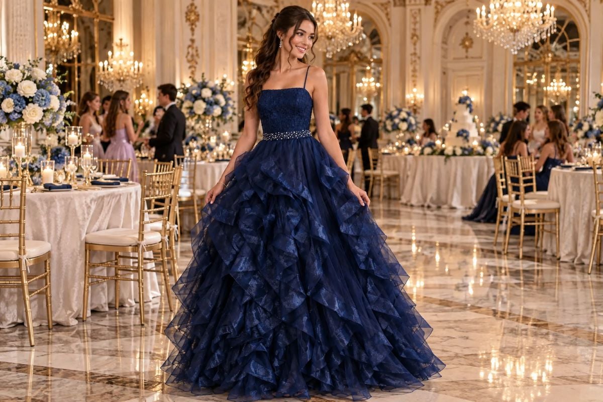 Navy layered Sweet 16 ball gown