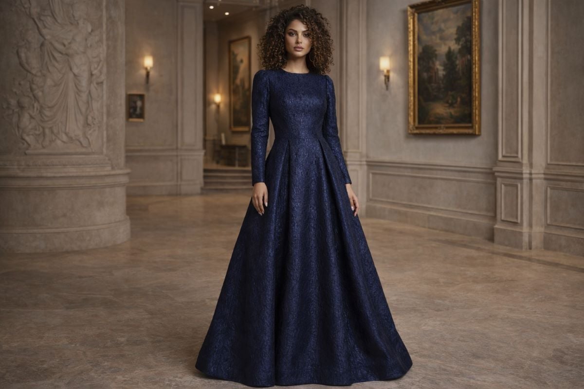 navy long sleeve jacquard evening gown