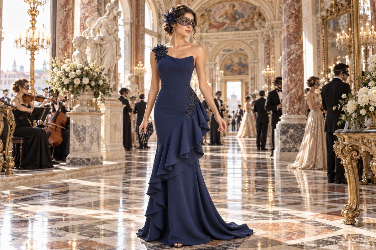 Navy masquerade gown in palazzo setting