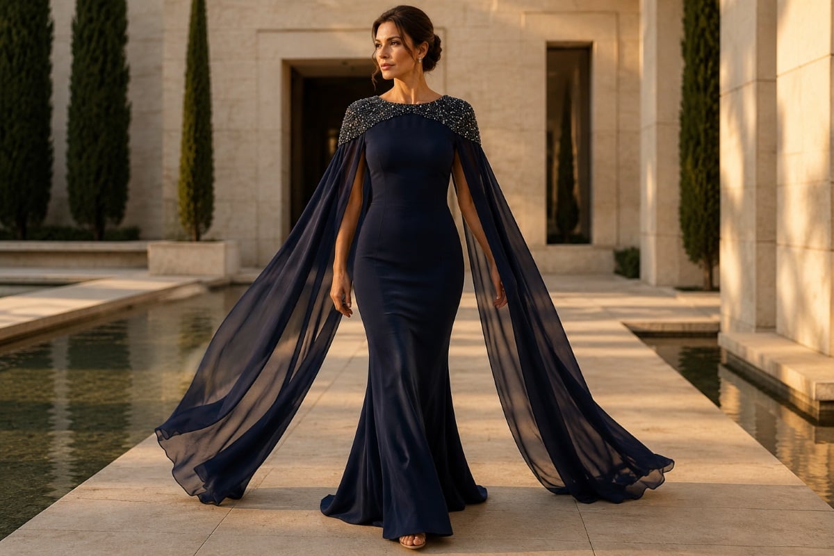 navy mermaid gown cape movement courtyard