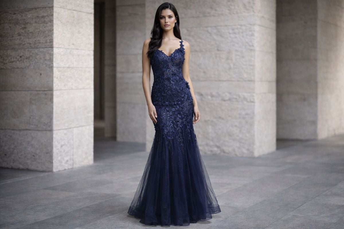 Navy mermaid gown with lace bodice and defined waist