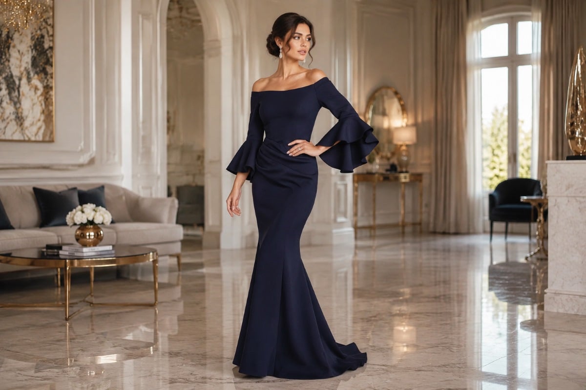 Navy mermaid gown with flared sleeves