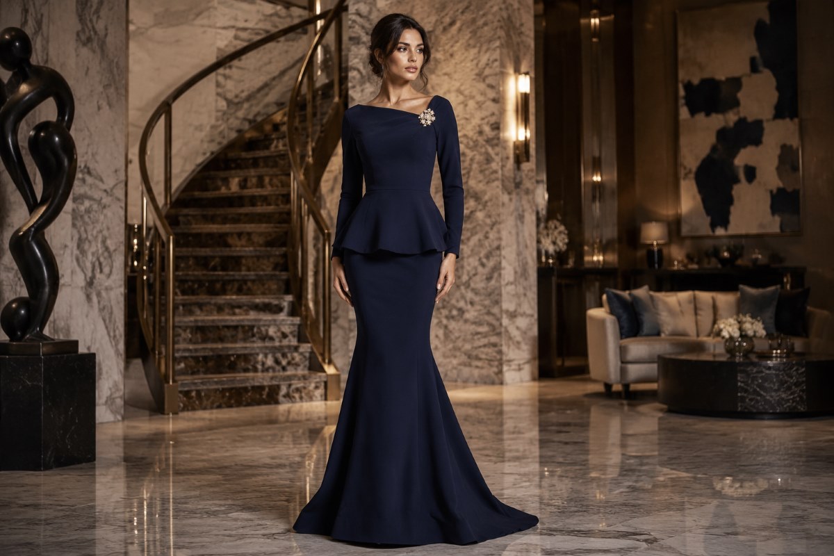 Navy mermaid peplum gown editorial style