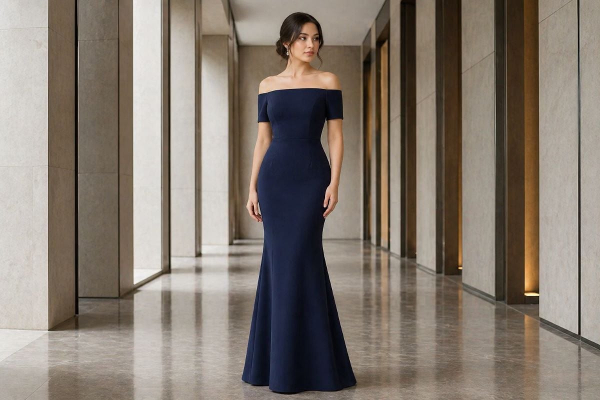 Navy minimalist off shoulder evening gown