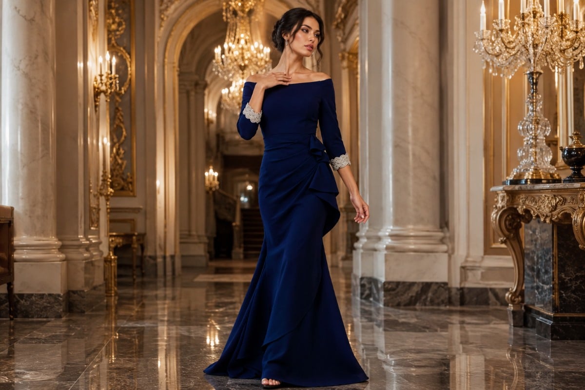 Navy off-shoulder gown in grand palace