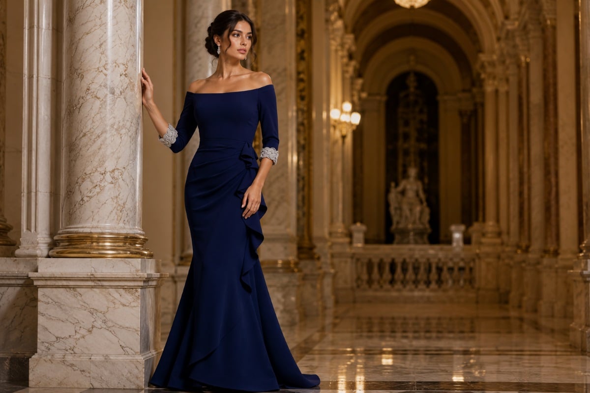 Navy off-shoulder gown showing neckline structure