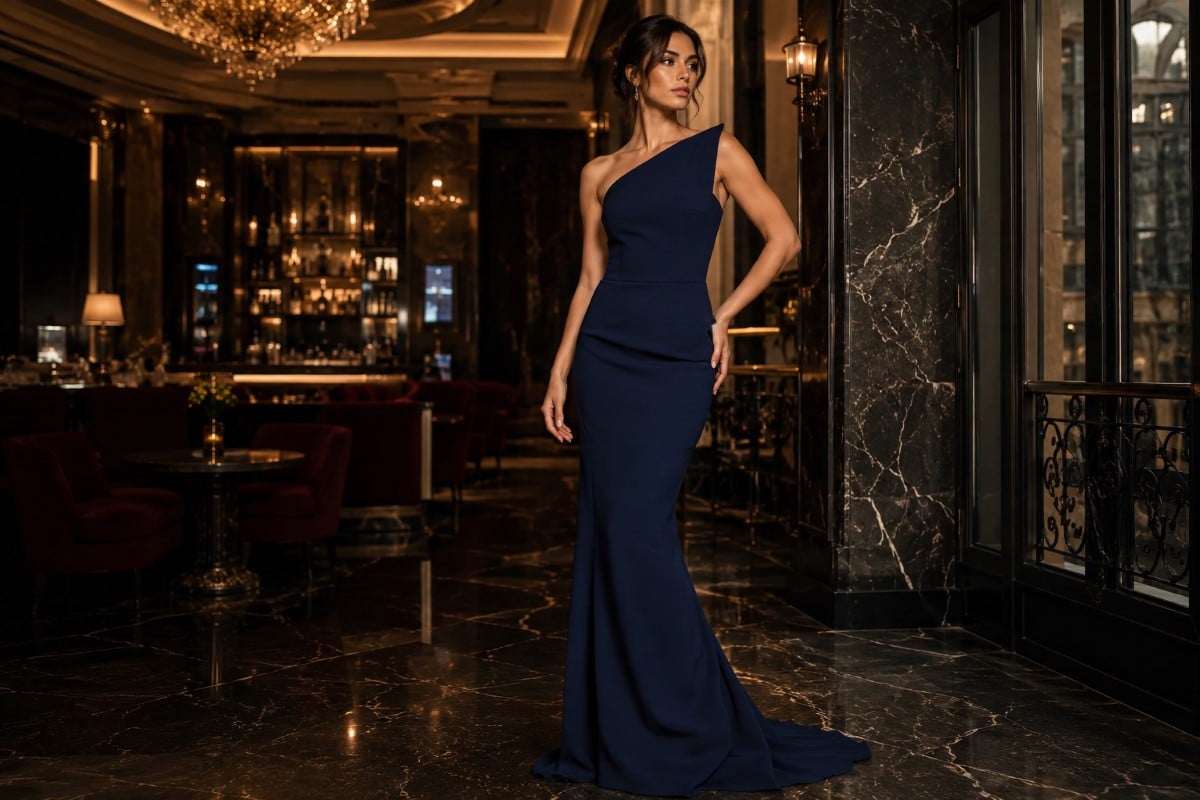navy one shoulder fitted formal gown