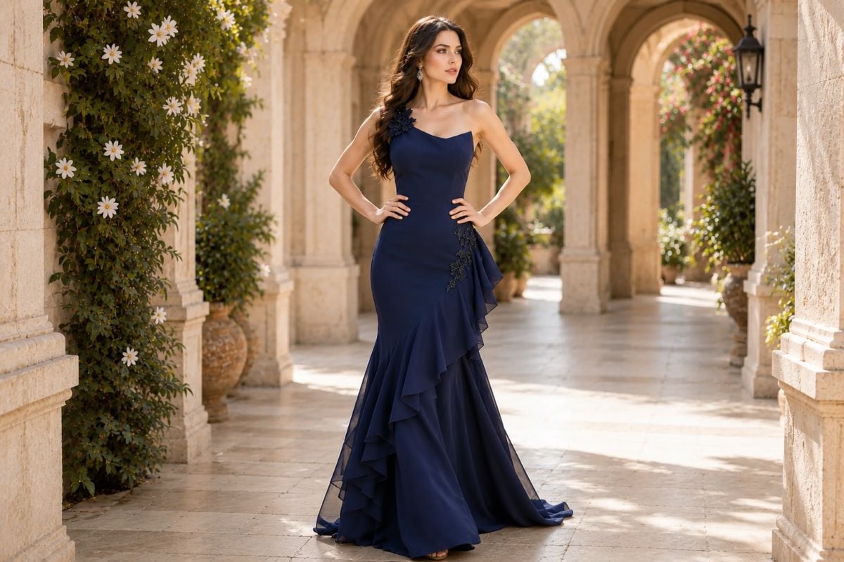 Navy one shoulder evening gown with cascading draped skirt