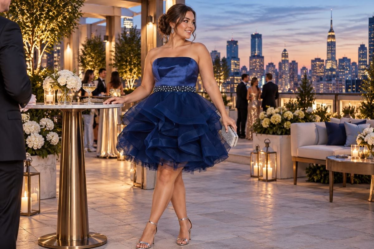Navy plus size cocktail dress styling