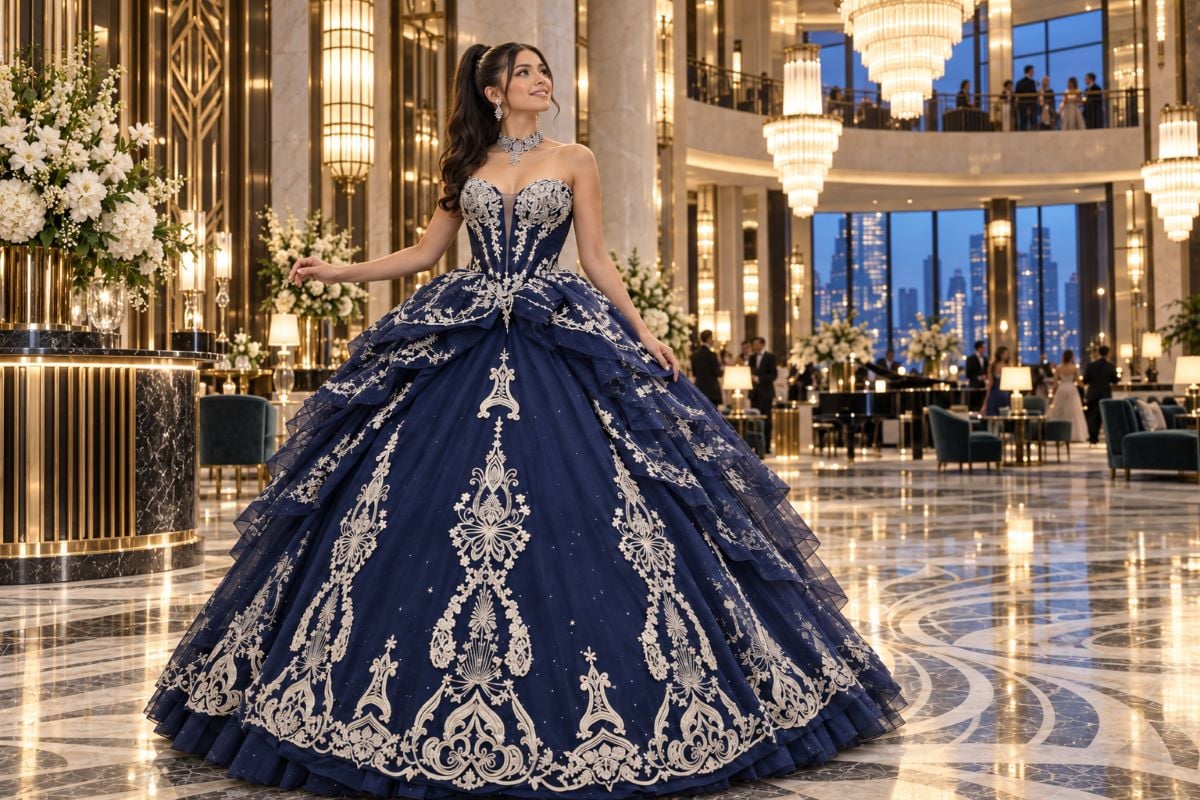 Navy quinceanera gown Art Deco glamour