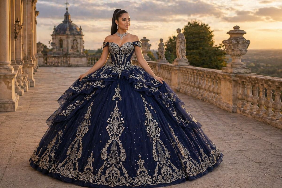 Navy quinceanera ball gown colorful bridal look