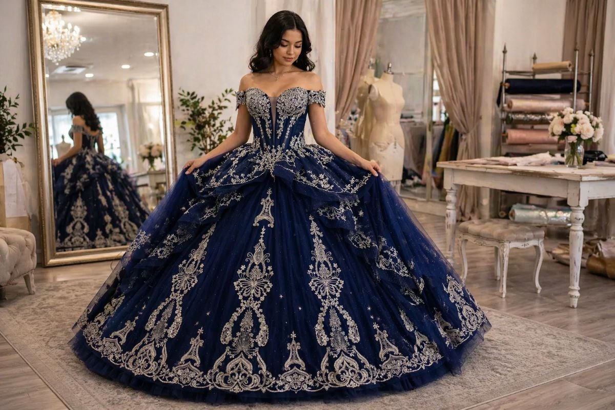 Navy quinceañera gown with corset bodice and layered embroidered skirt