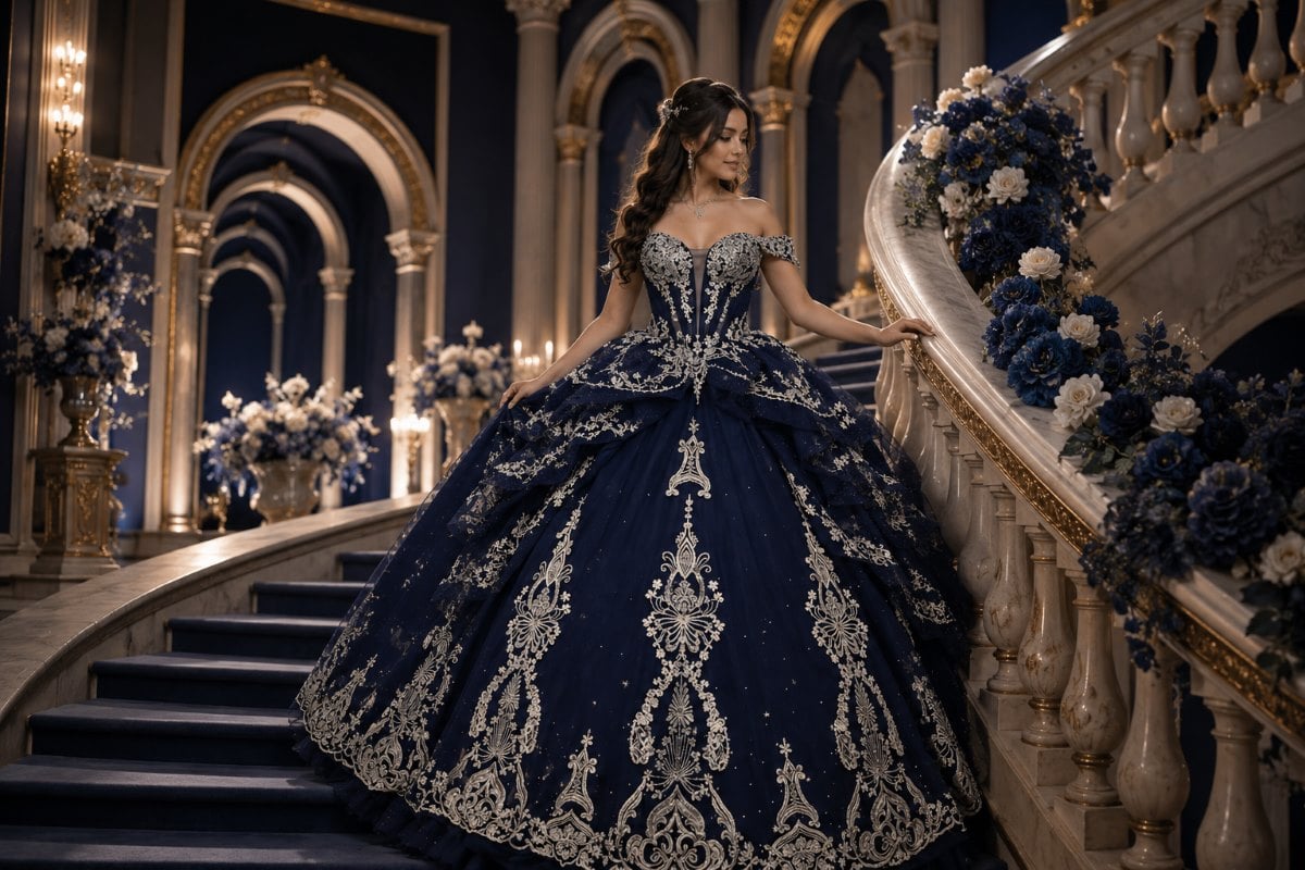 Navy quinceanera gown with jewel tone