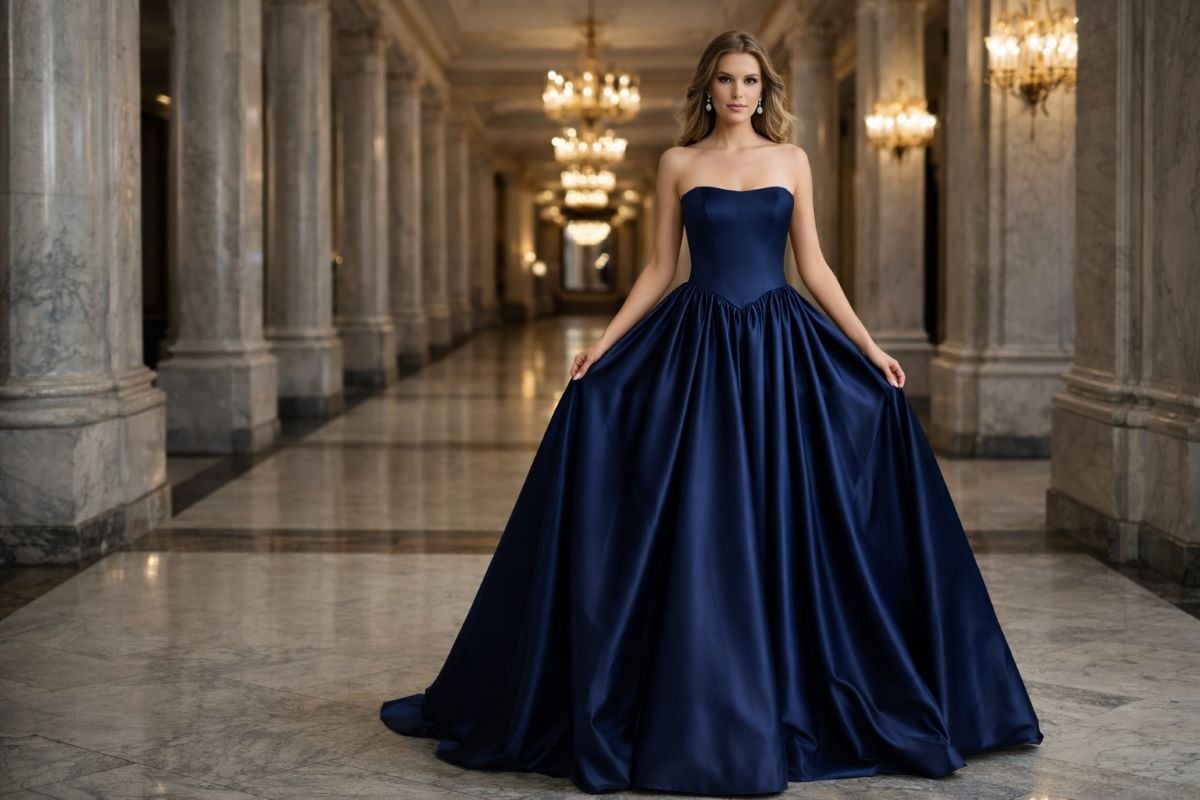 navy strapless satin ball gown with full gathered skirt