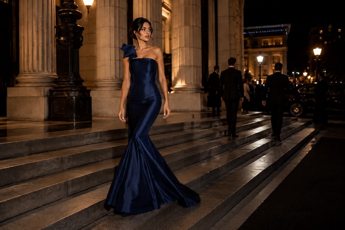 Navy satin mermaid cape gown at gala entrance