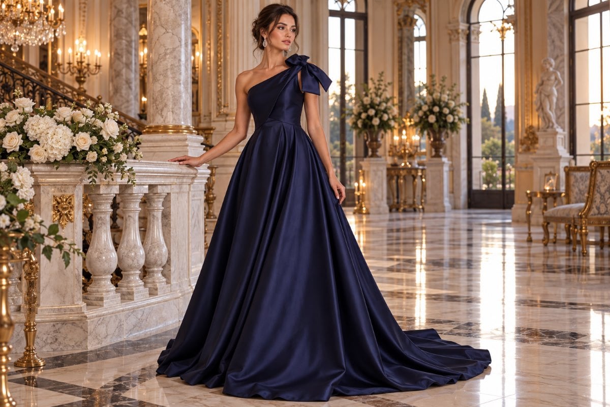 Elegant navy satin gown editorial look